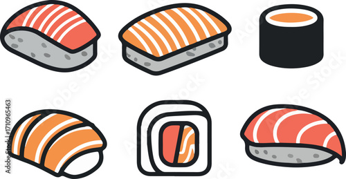 set of simple drawn sushi rolls vector design