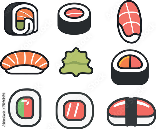 set of simple drawn sushi rolls vector design