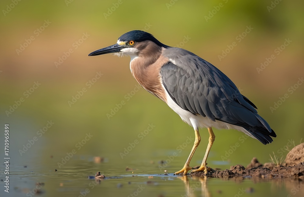 Fototapeta premium Green heron bird stands on muddy water edge. Wildlife animal portrait in natural habitat. Ornithology photo of bird in water. Aquatic avian creature at water