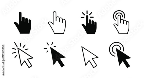 Cursor Icon Set Featuring 8 Stylized Hand and Arrow Designs with Click and Touch Effects for UI/UX and Web Interaction Design