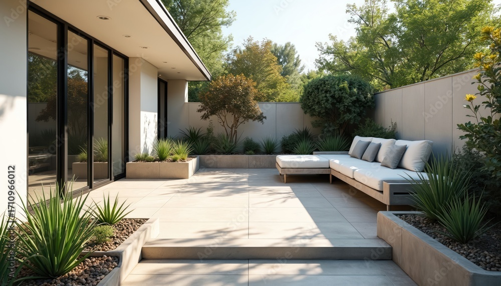 Fototapeta premium Modern home backyard terrace design. Minimalist patio with plants in stone planters. Relaxing outdoor living space with grey sofa and pillows near house. Landscape design adds luxury to property.