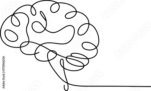 This simple, continuous line art drawing illustrates a human brain from a side profile, with a single line forming its intricate contours and extending outwards. 