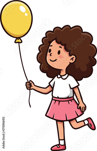 Girl holding yellow balloon wearing white shirt and pink skirt smiling happily in vector illustration 