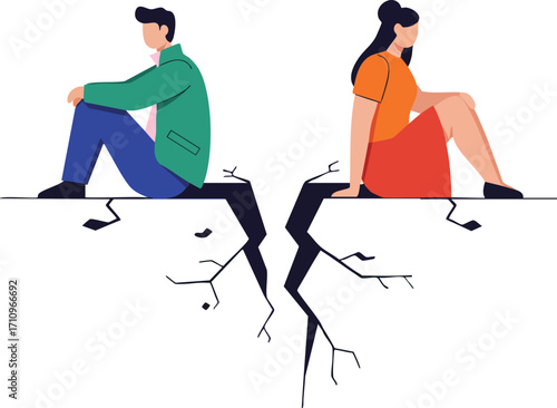 Man and Woman Sitting Back to Back on Cracked Ground Representing Relationship Conflict and Separation Illustration 