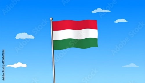 A stylized illustration of the Hungarian flag waving proudly against a vibrant blue sky dotted with fluffy white clouds.