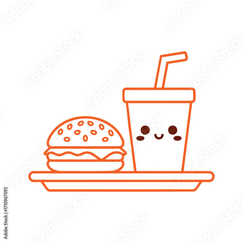 Adorable kawaii burger and drink combo meal with cute face on tray fun fast food art