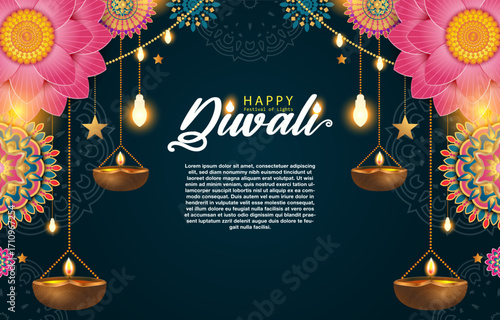 elegant happy diwali background with lights and mandala decoration
