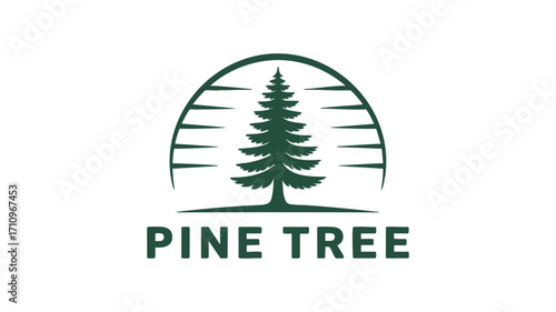 Rustic pine tree emblem with arc and text label for nature and outdoors branding