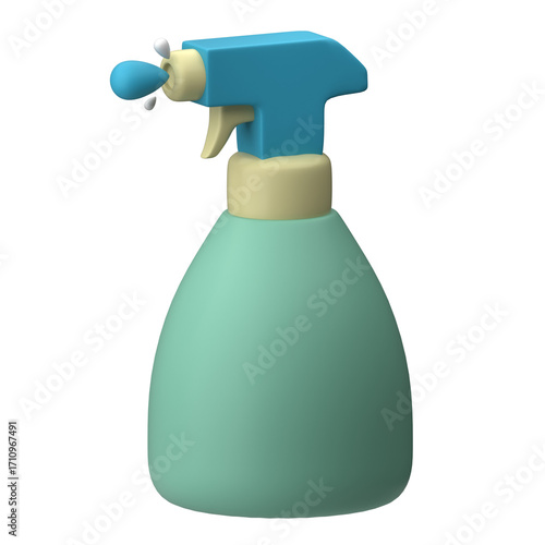 A 3D rendering of a light blue spray bottle with a turquoise nozzle, spraying a liquid in a cartoonish style