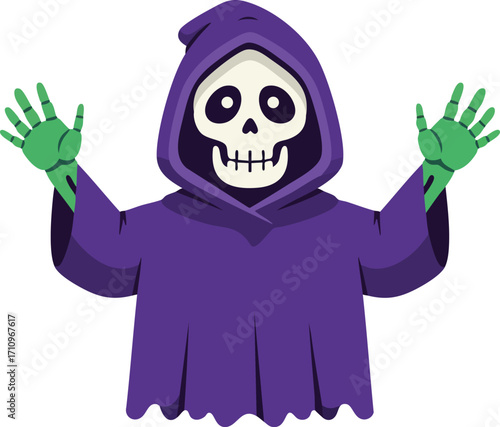 Grim Reaper with Green Hands Wearing Purple Hooded Cloak Halloween Costume Vector Illustration 