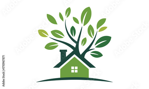 Green tree growing out of house roof symbolizing growth and eco-friendly living