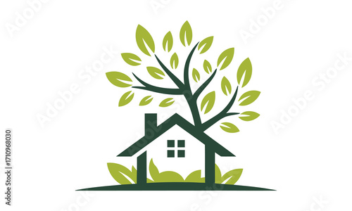 Eco-friendly home with a flourishing tree symbolizing nature and sustainable living