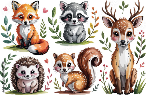 This image features a charming collection of cute woodland animals, including a fox, raccoon, deer, hedgehog, and squirrel, rendered in a sweet, watercolor-like style. 