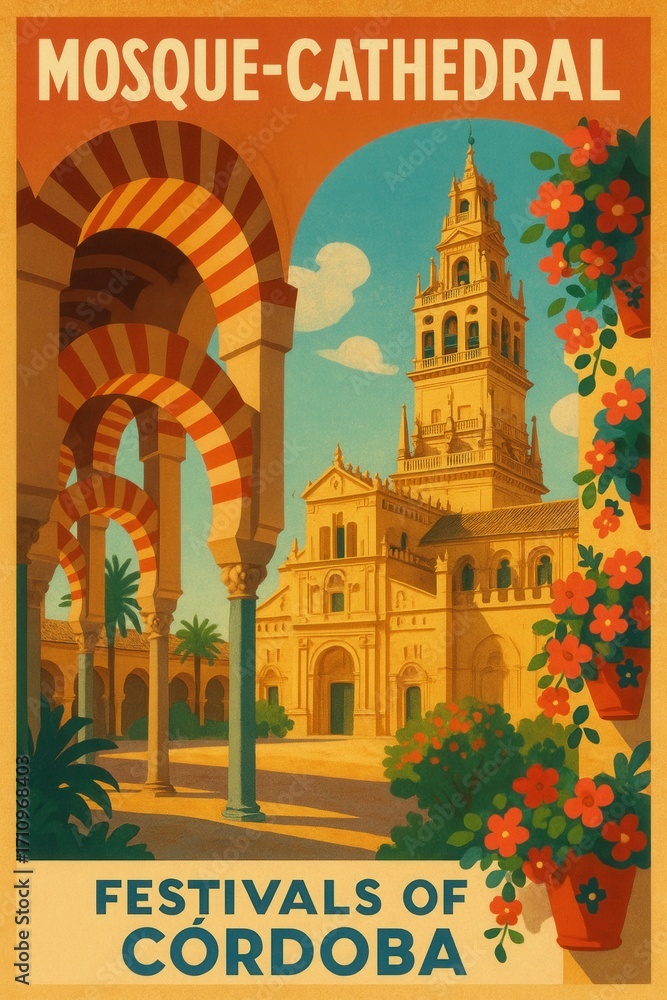 Fototapeta premium Poster art of the Mosque-Cathedral in Córdoba, Spain, with striped arches, bell tower, and inner courtyard full of flowers and palm trees beneath blue sky
