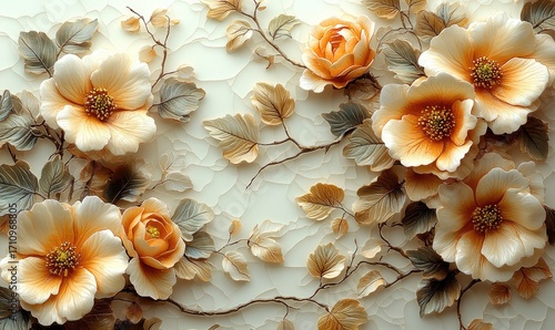 Delicate floral design with light beige and peachy flowers and leaves, on a textured background