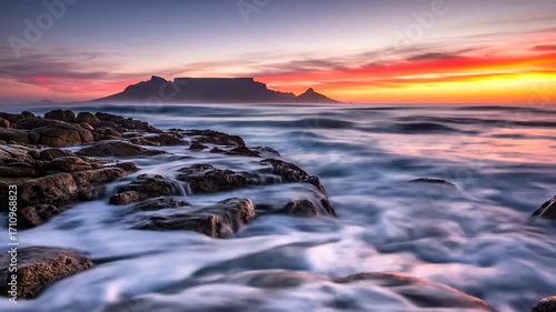 Long exposure capturing the beauty of cape town, with table mountain and ocean waves