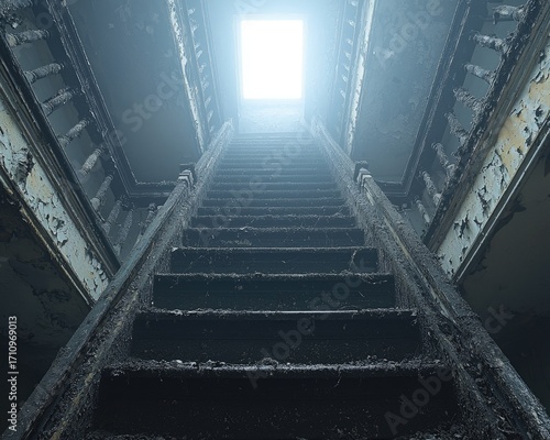 A decaying staircase leading to a bright light source