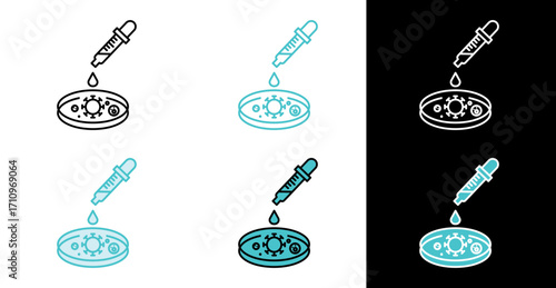 Pipette adding drop to petri dish with virus icon for laboratory research in line and fill style
