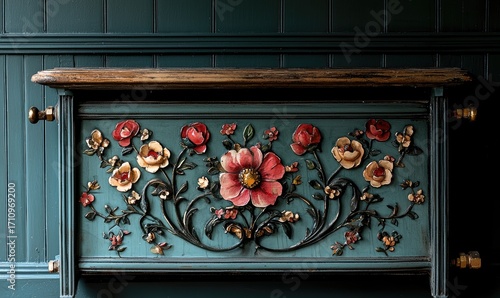 Ornate wooden cabinet with floral carvings.  A teal-colored cabinet with detailed flower carvings