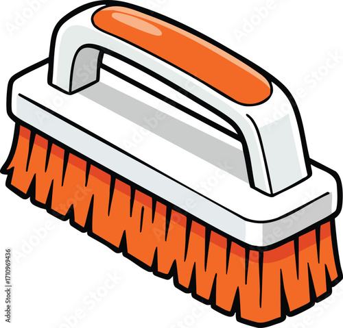 Cleaning brush with orange bristles and handle for household scrubbing tasks vector illustration 