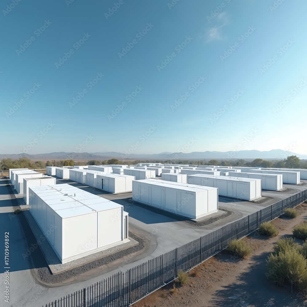 Fototapeta premium Large energy storage facility shows many white battery units. Modern power grid infrastructure in desert landscape with distant mountains under clear blue sky. Renewable energy tech, eco electricity