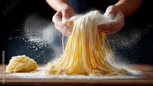 Homemade pasta preparation with chef hands lifting fresh noodles, flour dust creating dramatic cooking scene in rustic Italian kitchen setting, Generative AI
