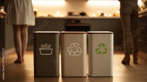 Modern Kitchen with Recycling Bins Emphasizing Eco-Friendly Waste Management