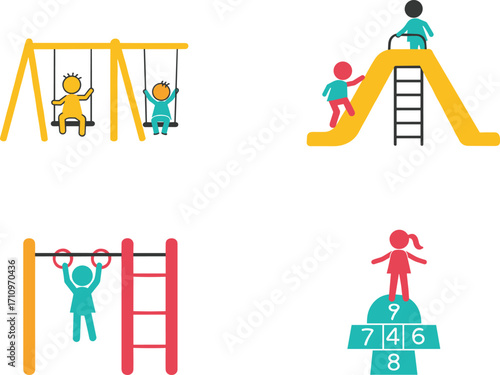 Set of children playground activities vector with swings, slide, monkey bars, and hopscotch for outdoor fun, physical exercise, and childhood recreation design