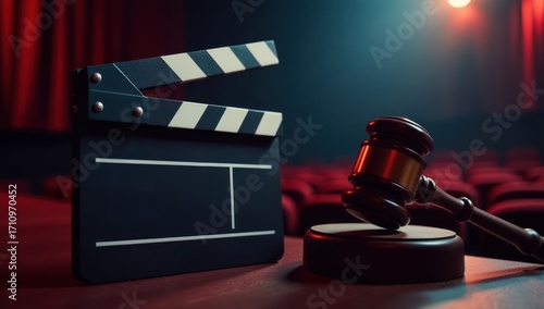 Intellectual Property: A Conceptual Image of Legal Issues in the Film Industry. Suitable for use in presentations or articles about film contracts, intellectual property rights