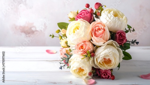 A vibrant bouquet of pastel-colored flowers sits delicately on a white wooden surface, showcasing a beautiful arrangement of creamy white, peach, and rosy pink blossoms.
