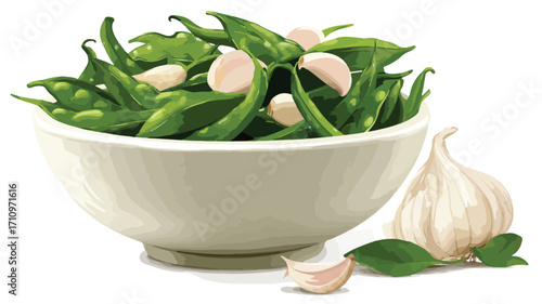 Fresh Green Vegetables in a Bowl with Garlic - Healthy Cooking Ingredient