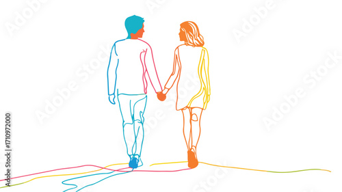 Romantic Couple Walking Hand in Hand Vector Illustration with Outline