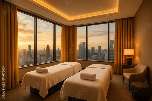 Luxury spa room with city skyline view
