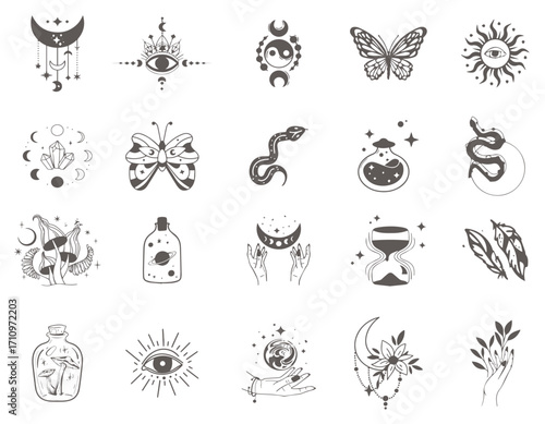 Mystical elements. Magical Moon with crystals, mushroom, stars and leaves tarot card tattoos vector