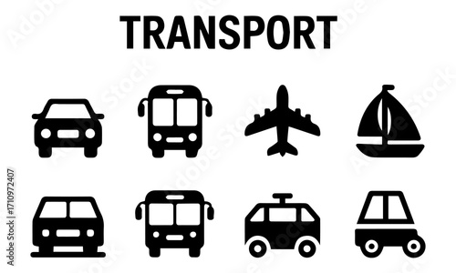Transportation, vehicle icon set. Vector glyph pictograms of travel, logistics, public transit concepts, car, train, bus, bicycle, boat, and airplane black silhouette illustration.