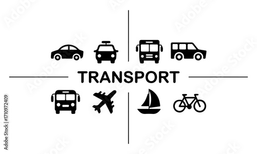 Transportation, vehicle icon set. Vector glyph pictograms of travel, logistics, public transit concepts, car, train, bus, bicycle, boat, and airplane black silhouette illustration.