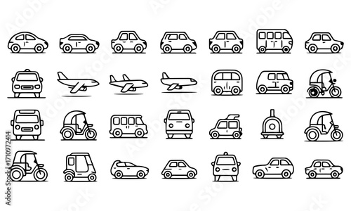 Transportation, vehicle icon set. Vector glyph pictograms of travel, logistics, public transit concepts, car, train, bus, bicycle, boat, and airplane black silhouette illustration.