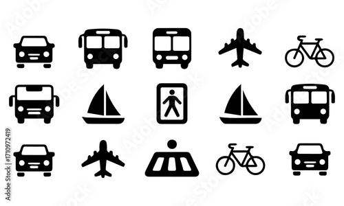 Transportation, vehicle icon set. Vector glyph pictograms of travel, logistics, public transit concepts, car, train, bus, bicycle, boat, and airplane black silhouette illustration.