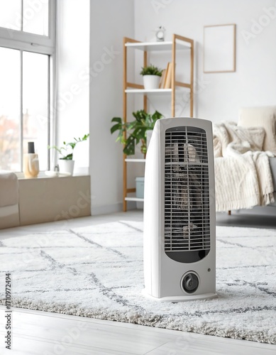 A modern white space heater stands on a light beige geometric rug in a bright room.