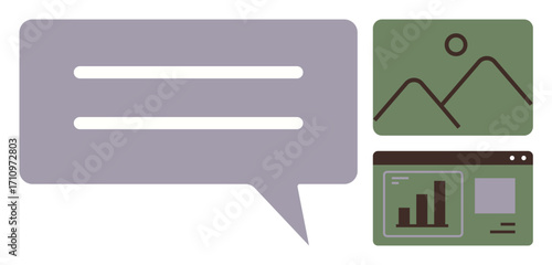 Speech bubble next to a framed landscape image and a data chart window with graphs. Ideal for communication, presentation, analysis, teamwork, content sharing, messaging, simple flat metaphor