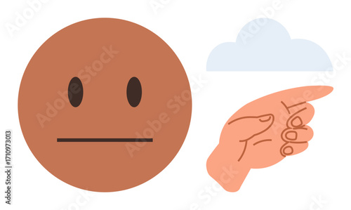 Neutral face expressing indifference, hand pointing towards a light cloud. Ideal for emotion, choices, mood, confusion, neutrality, direction uncertainty. Simple flat metaphor