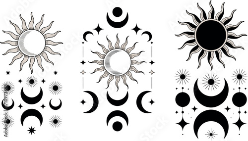 This image presents a collection of celestial design elements, including stylized suns and crescent moons, often seen in mystical or astrological contexts. 