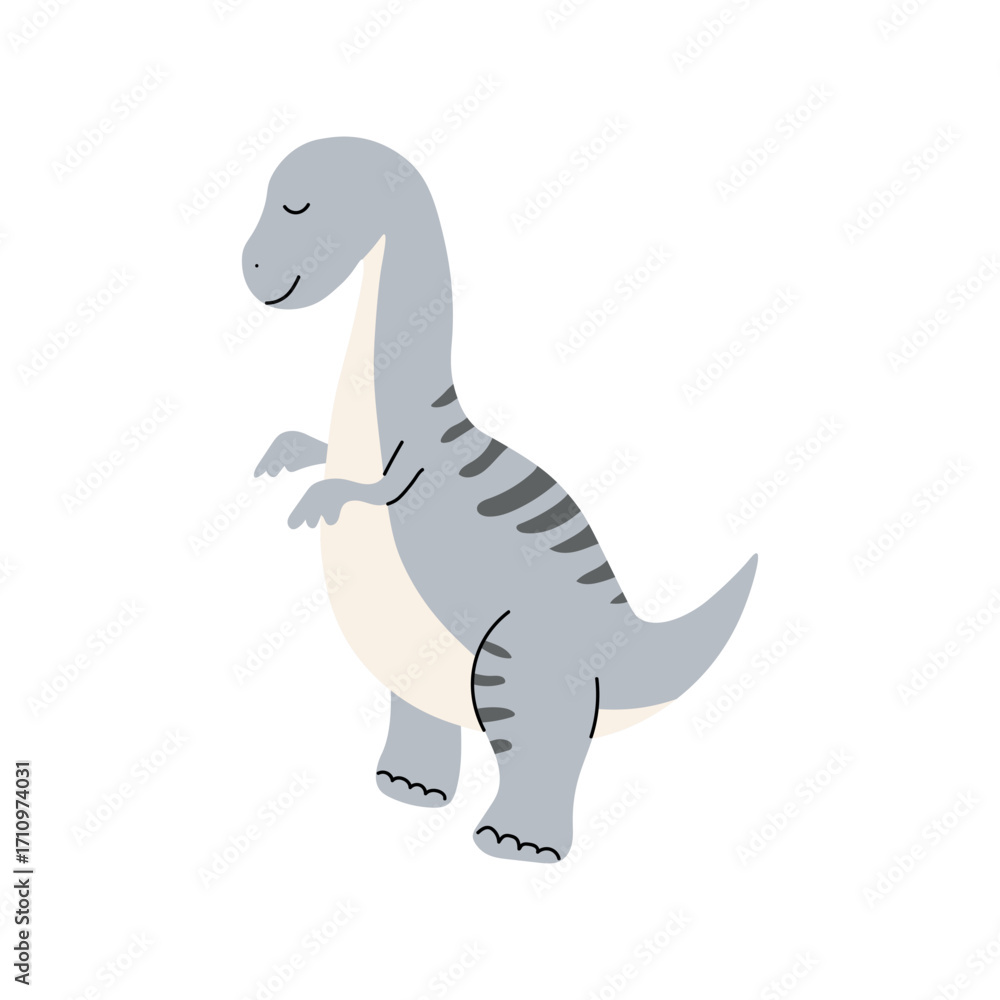Fototapeta premium Cute grey dinosaur with dark stripes and closed eyes, standing upright in flat style