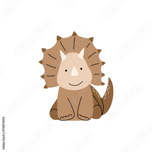 Cute triceratops with beige horns and spiked frill, sitting and smiling in flat style, isolated on white background,