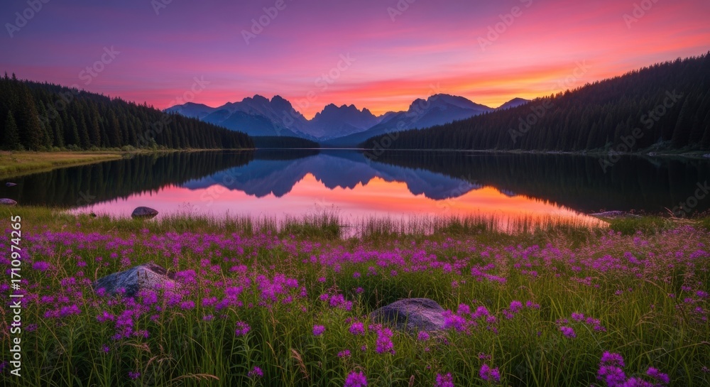 Fototapeta premium Majestic Mountain Lake at Sunset with Wildflowers