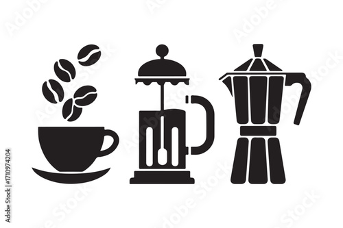 Coffee brewing icons with cup beans french press and moka pot