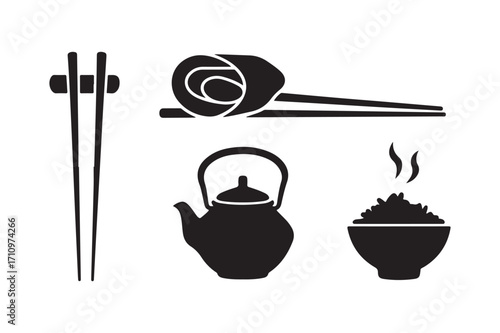 Japanese food icons chopsticks sushi teapot and rice bowl