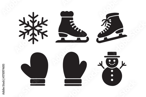 Winter icons set featuring snowflakes ice skates mittens and snowman