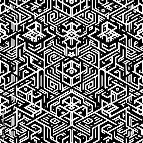 Black and white abstract geometric electronic circuit maze vector seamless pattern for design and decoration