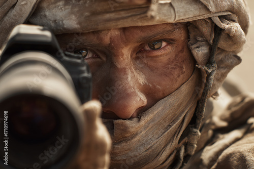 Focused soldier with intense eyes peers through camera lens, wrapped in dusty fabric, conveying determination and resilience in desert setting